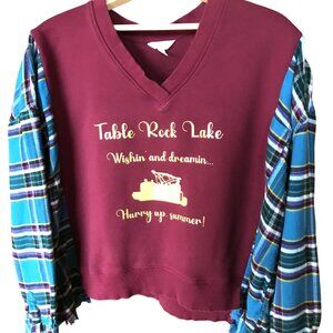Upcycled Sweatshirt Flannel, M-XL: Oversized Table Rock Lake Pontoon Graphic Tee